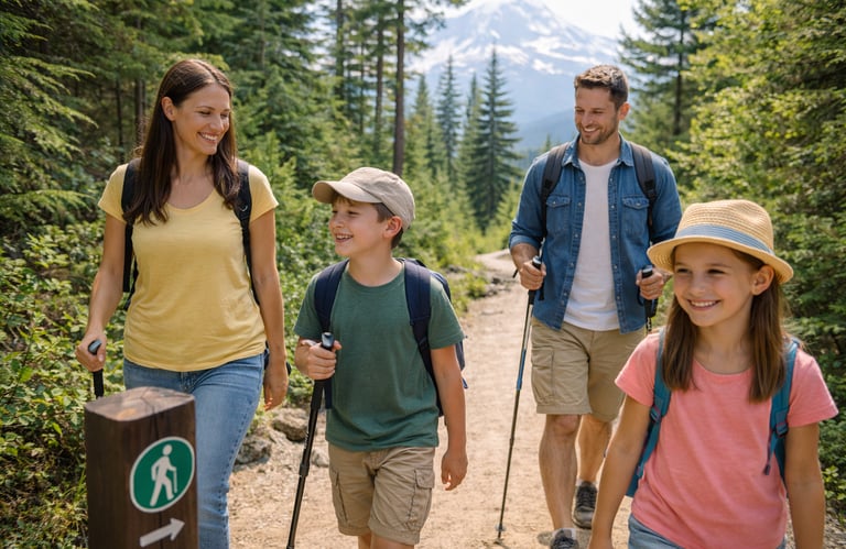 Family hiking forest trail with mountain view