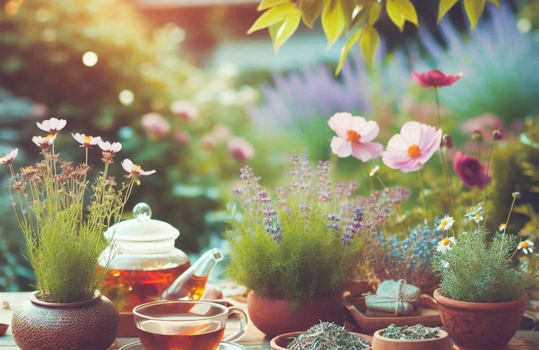 a teapot with a cup of herbal tea on a table, in an outdoor garden