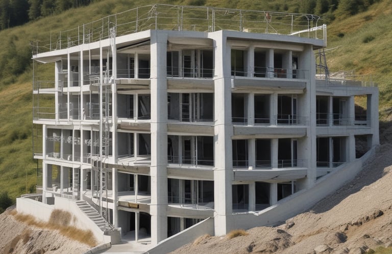 Workers in protective gear are seen on a construction site characterized by metal beams, scaffolding, and wooden supports. They appear to be engaged in construction tasks on a large infrastructure project, possibly a bridge or a similar structure.