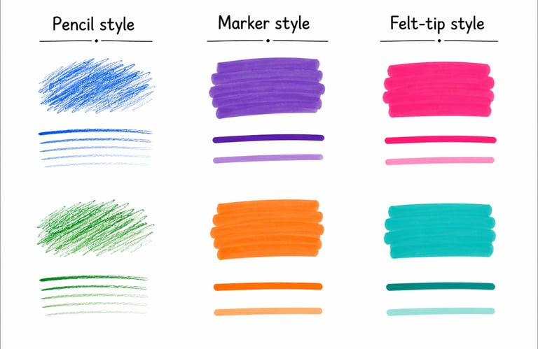 Pencil, marker and felt-tip styles of coloring