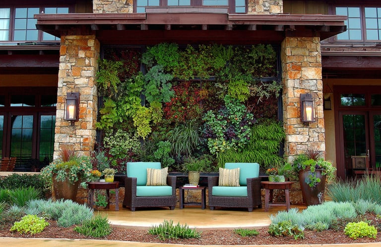 Modern outdoor patio featuring a lush vertical garden wall behind teal wicker lounge chairs.