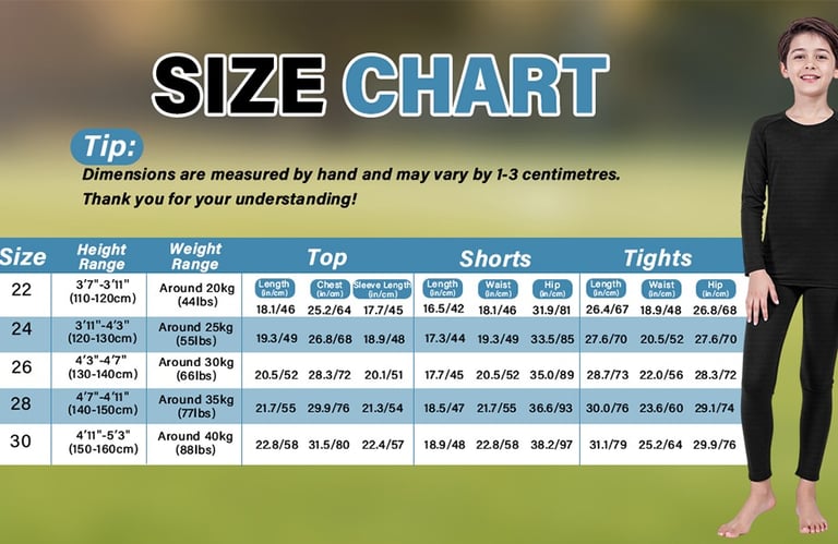 kids wearing size chart 