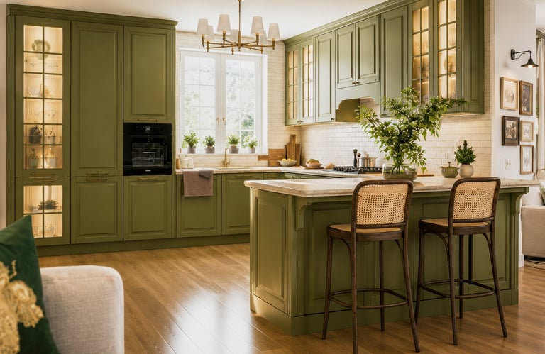 Contemporary walnut kitchen with bespoke cabinetry and soft lighting