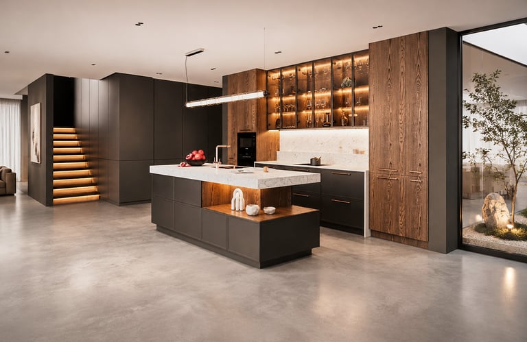 Contemporary walnut kitchen with bespoke cabinetry and soft lighting