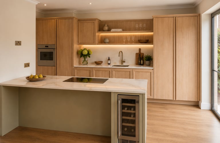 Made-to-measure fitted kitchen with oak cabinetry and island