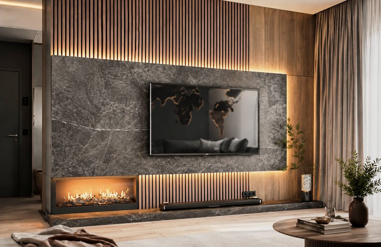 Bespoke architectural TV wall with integrated fireplace and ambient LED lighting