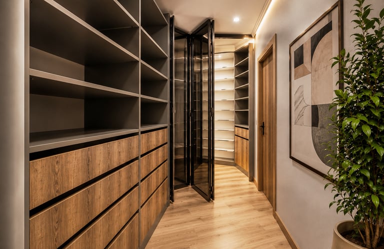 Luxury walk-in wardrobe with walnut finish