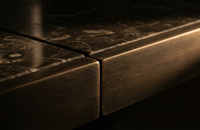 Détail meuble hapax en laiton brossé et marbre noir