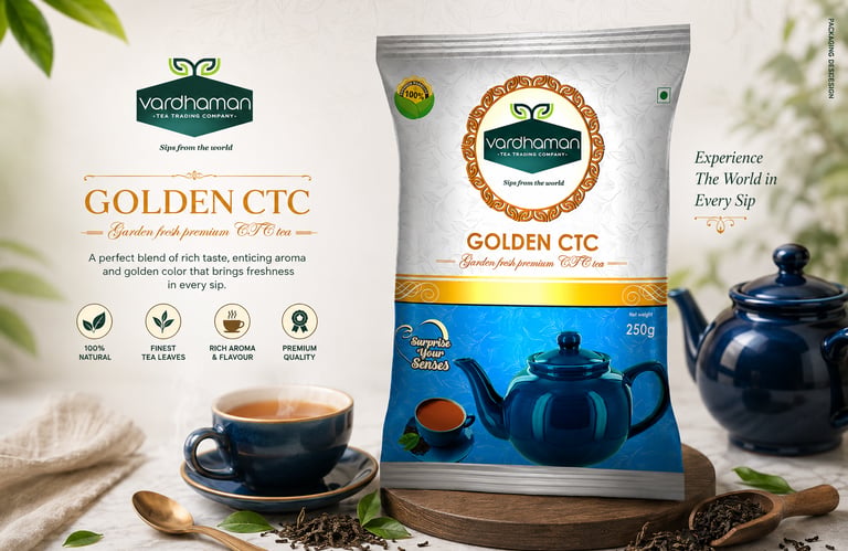 Vardhaman Golden CTC garden fresh premium tea packaging with a steaming tea cup and teapot.