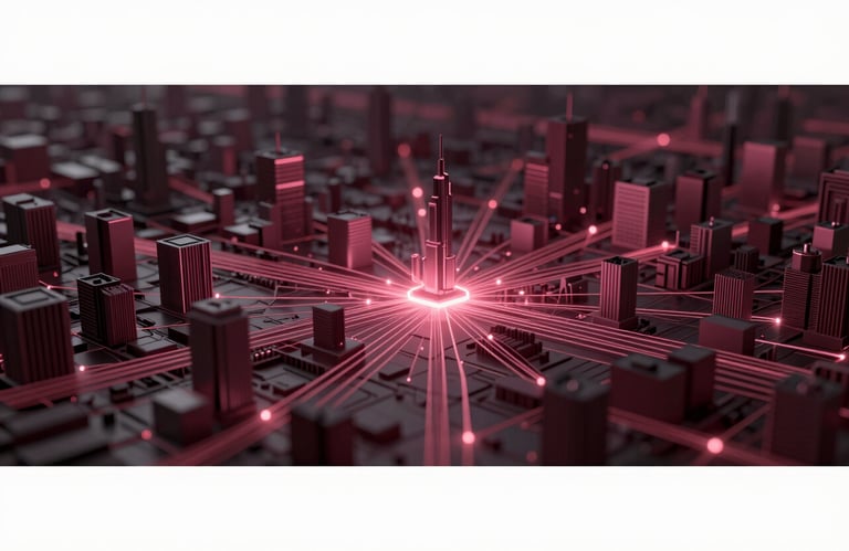 A 3D digital model of a smart city with red glowing light connections representing a central data hub.
