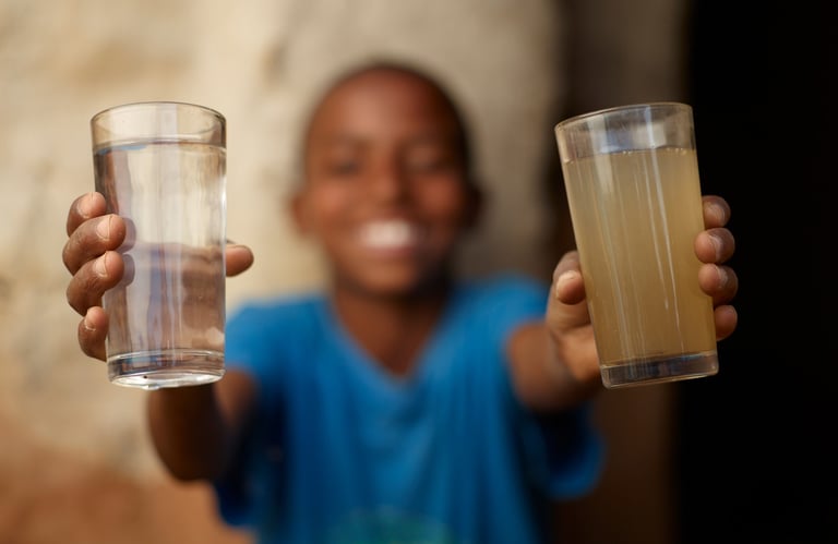 charity: water picture of young boy holding a glass of clean water and a glass of dirty water.