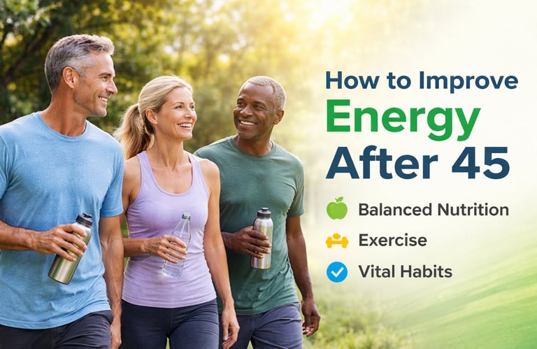 Active adults over 45 walking outdoors representing healthy habits that help improve energy after 45