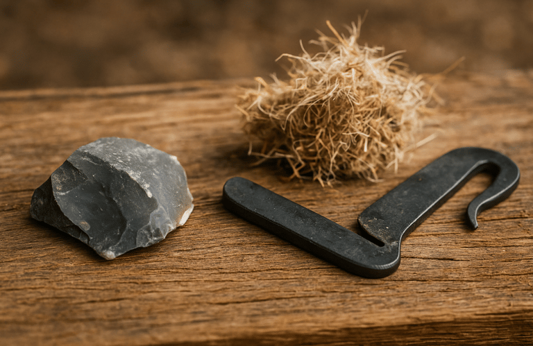 Flint and steel with dry tinder for primitive fire-starting technique