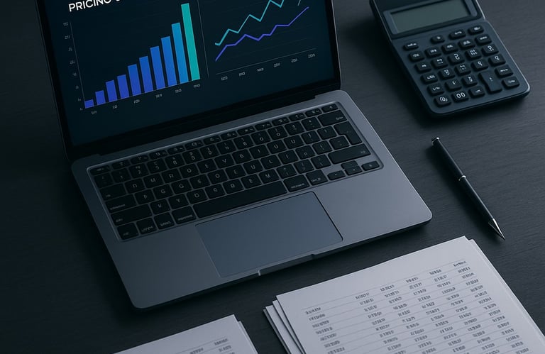 Laptop pricing and costing dashboard with charts reports beside a calculator.