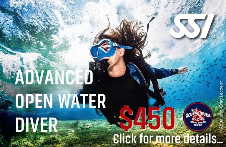 SSI Advanced Open Water Diver course in Diani Beach Kenya featuring a scuba diver underwater.