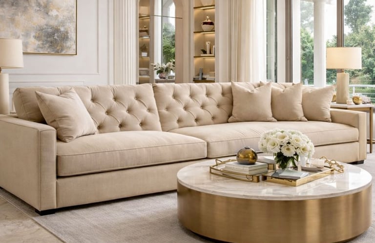 Custom tufted sofa in a refined neutral living room by Solo Home Decor