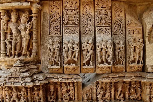 Intricate stone carvings at Sas-Bahu Temples near Udaipur, showcasing detailed temple architecture and craftsmanship.