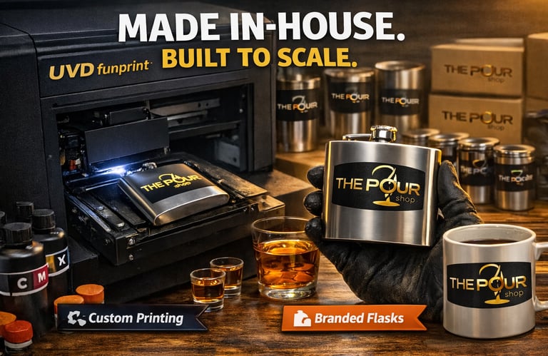 In-house drinkware production showing branded mugs and bar items created for venue merchandise deployment