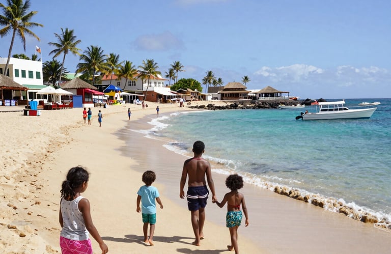 Kinderen wandelen langs een tropisch strand met turquoise water en palmbomen op Kaapverdië.