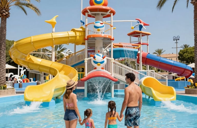 Een gezin staat voor een kleurrijk waterpark met gele glijbanen en een kinderbad. in Mallorca,Spanje