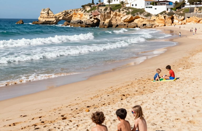 Kinderen zitten op een zandstrand in de Algarve, Portugal, met schilderachtige kliffen aan de oceaan