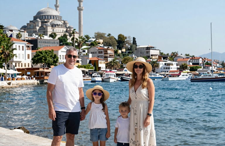 Een gezin van vier poseert aan het water in Turkije, met een historische moskee en stadshaven.