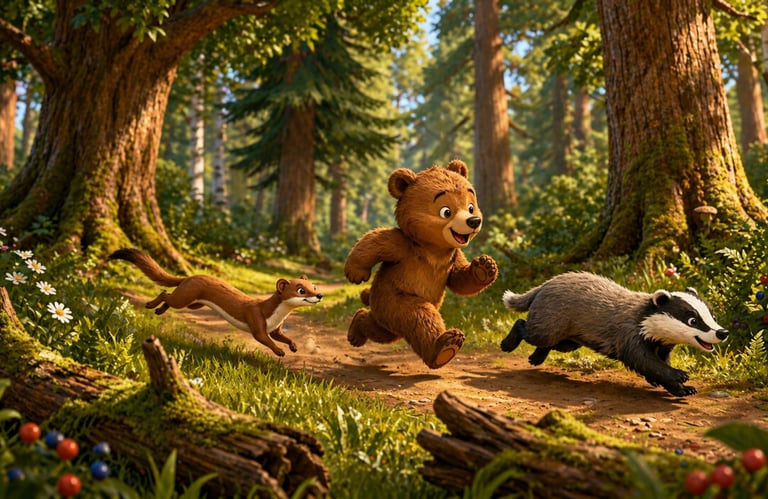 Animated baby bear, badger, and weasel running together on a sunny forest trail.