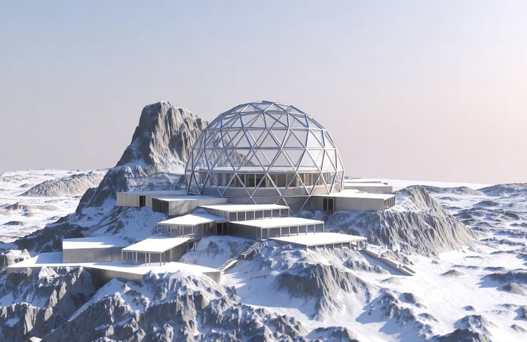 An image of an Arctic research facility that also has a large geodesic dome built over the middle.