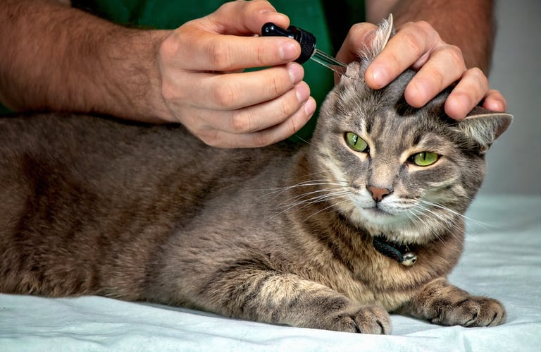 Grijze gestreepte kat krijgt voorzichtig oordruppels toegediend met een pipet ter preventie van oorm