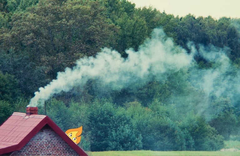 Petite maison avec de la fumée de bois de chauffage de MaxThomasBois avec une petite flamme logo Max
