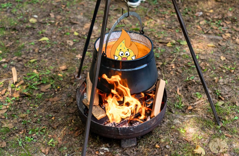 Maxima la flamme orange du logo MaxThomasBois est dans une marmite avec du bois de chauffage label