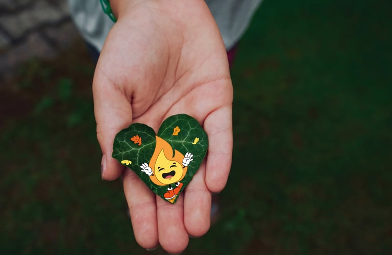 Maxima la petite flamme notre mascotte de MaxThomasBois sur une feuille verte en forme de coeur