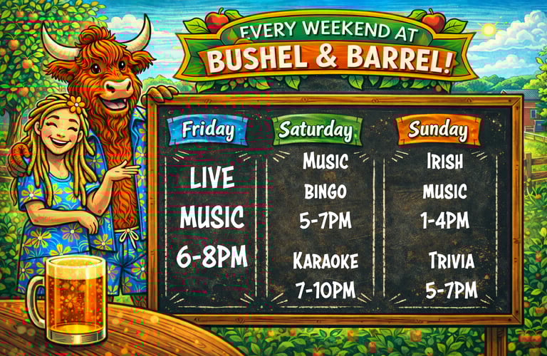 A chalkboard schedule for live music and events at Bushel & Barrel with a cartoon bull and woman.