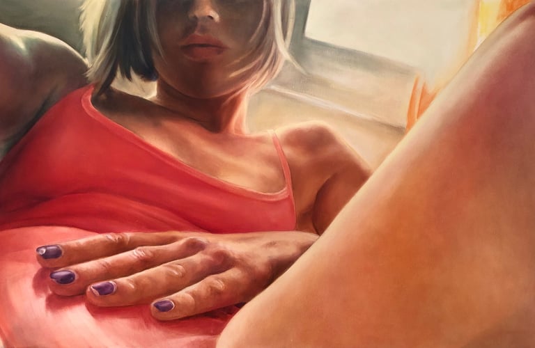 a woman with a pink dress and purple nails