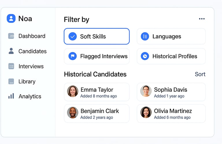 AI dashboard with candidate filters and profiles, showing soft skills, languages, and interview insights.
