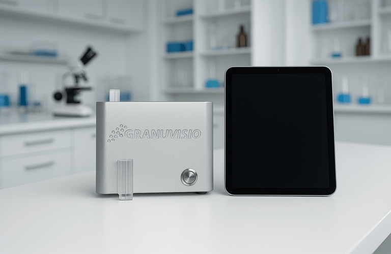 a granulometer sitting on a table with a tablet