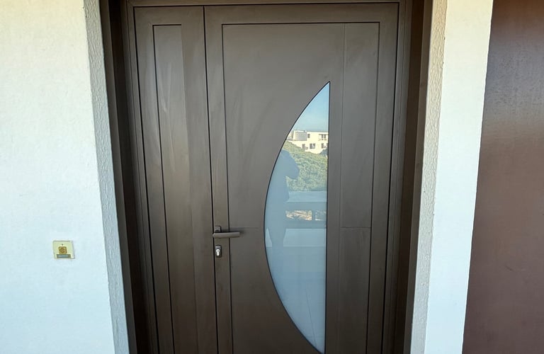 Remplacement d'une porte d'entrée avec un design spécifique.