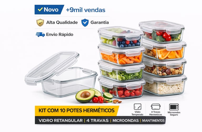 Kit com 10 potes de vidro herméticos retangulares para armazenamento de mantimentos e marmitas.