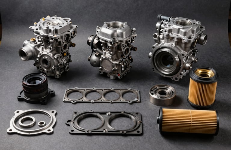 Still life photography of various original Honda engine parts, gaskets, and filters arranged neatly on a dark gray surface, sharp focus, technical and professional look.