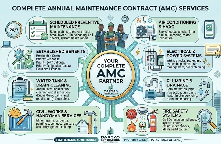 Infographic outlining annual maintenance contract services including HVAC, electrical, plumbing, and fire safety systems.