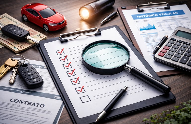 Checklist e documentos de compra de carro com lupa, contrato, histórico veicular e dinheiro em reais