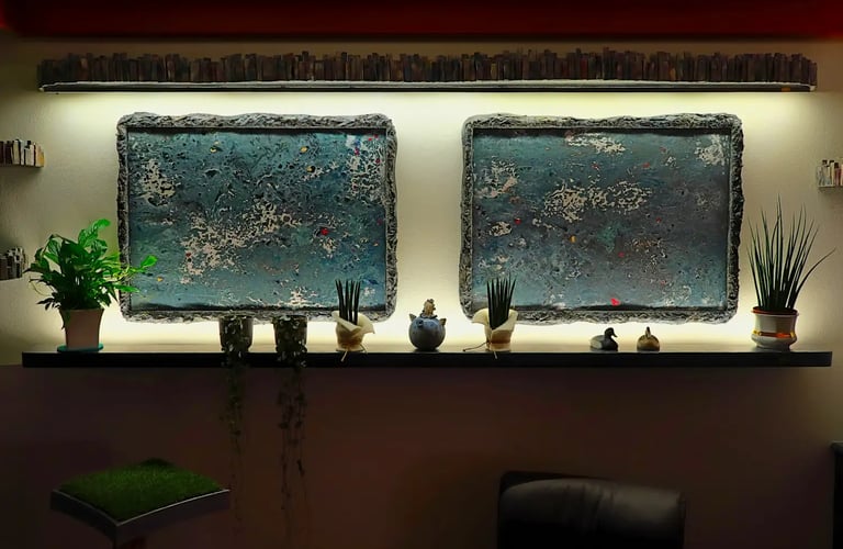 Auftragsarbeit aus zwei Acrylbildern mit dunklen Gipsrahmen und, die Bilder umfassend, kunstvollen Catwalk-Elementen