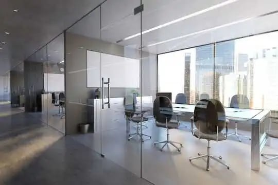Divisorias para oficina en cristal laminar, puerta en vidrio templado, división interior en melamina