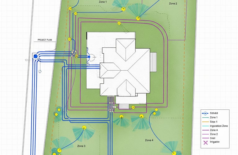 projekt autyomatycznego nawadniania z zaznaczeniem poszczególnych sekcji