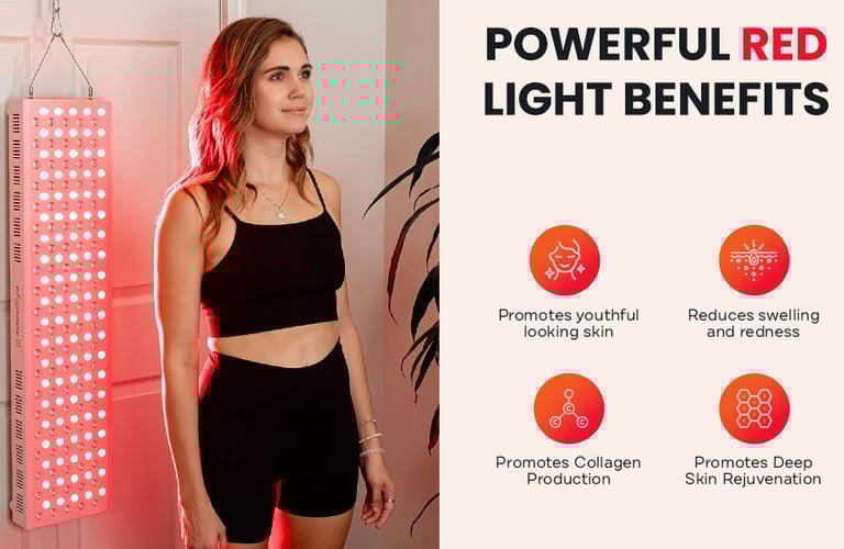 a woman in a black top and a red light bulb