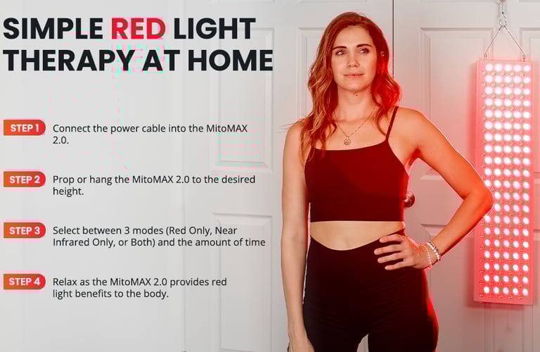 a woman in a black top and red bottom with  red light