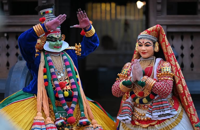Traditional Kathakali performance in Kerala with elaborate makeup and costume.