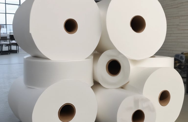 Close-up of soft, white tissue paper rolls stacked neatly in a clean warehouse.