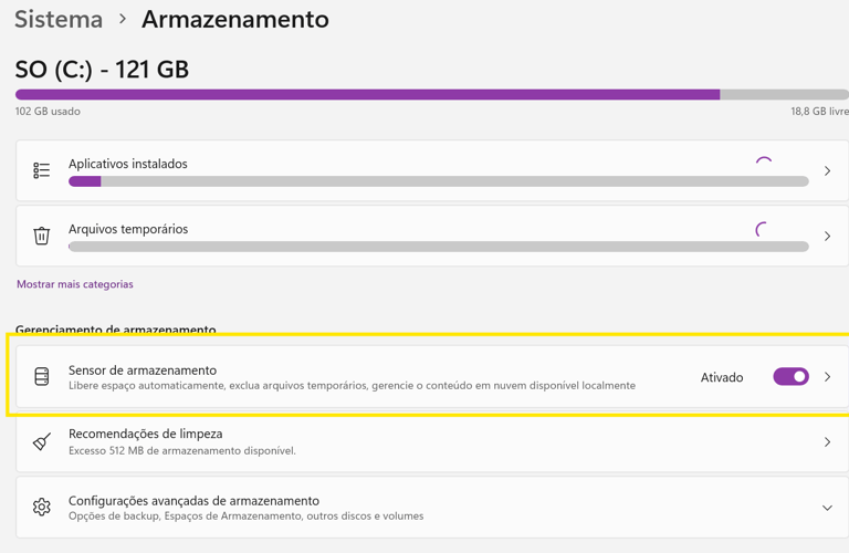 Limpeza Automática com o Sensor de Armazenamento