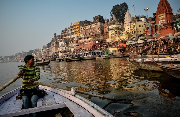 Exploring Varanasi by boat along the Ganges River in India.
